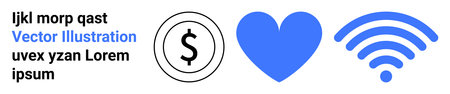 Finance, technology, online services, digital love, connectivity, communication. Black dollar symbol, blue heart and wireless. Finance and technology concepts in simple graphic symbolsのイラスト素材