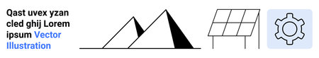 Black pyramids, solar panel, and gear icon conveying innovation, technology, sustainability, and clean energy. Ideal for renewable energy, creativity, engineering future-focused design modernのイラスト素材