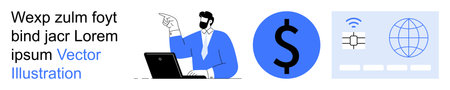 Finance, digital transactions, global communication, online work, remote management, currency...