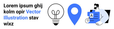 Innovation, navigation, information sharing, workflow management, creativity, team collaboration. Lightbulb, location pin and figure holding document. Innovation and navigation conceptsのイラスト素材