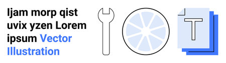 Technology tools, data management, content creation, business strategy, workflow automation, user interface. Wrench, diagram and text icons displayed. Technology tools and data management conceptsのイラスト素材