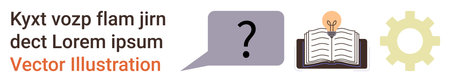 Education, innovation, brainstorming, learning, communication, automation. Speech bubble with question mark, book with lightbulb gear icon. Education and innovation in knowledge sharingのイラスト素材