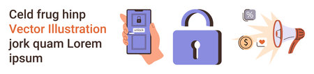Digital security, data protection, online payment, e-commerce, marketing, privacy awareness. Smartphone with a lock, secure payment symbol and loudspeaker. Digital security and online paymentのイラスト素材