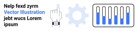 Hand pointing with a smartwatch, gear icon symbolizing settings, and progress bars for data...