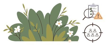 Leaves and flowers with symbols of checklist, warning sign, magnifying glass, and focus target....