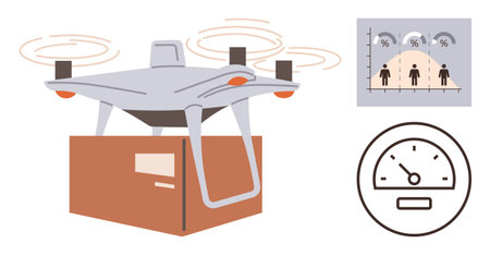 quadcopter carrying a parcel, performance dashboard with speed gauge, and demographic graph. Ideal...
