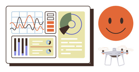Data dashboard with analytics graphs and pie chart, smiling face symbolizing positivity, quadcopter...