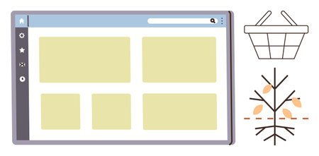 Website layout with search bar and tabs, empty shopping basket, symbolic tree with falling leaves....