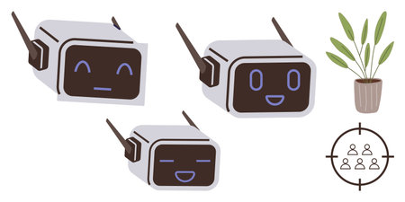 Smiling robots with antennas showcase various emotions, a vibrant plant adds organic contrast, and a...