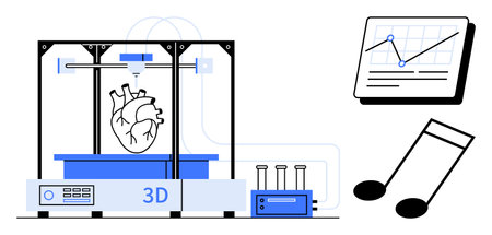 High-tech 3D printer producing a realistic human heart, accompanied by a data graph and musical...