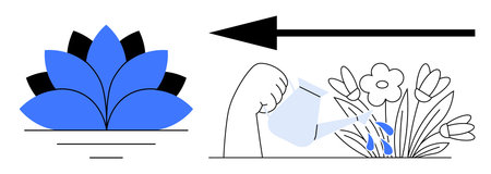 Growth concept. Growth by blue  and hand watering blooming flowers. Growth as nurturing nature and...