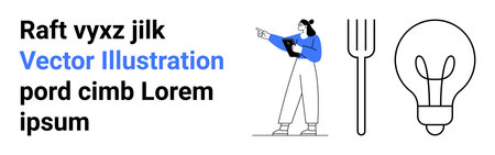 Person holding tablet and gesturing, next to fork and lightbulb outlines. Ideal for creativity, technology, learning, innovation, design concepts, decision-making, simple landing pageのイラスト素材