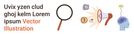 Marketing strategies, finance, neural learning, analytics, communication, education. Magnifying glass, megaphone brain currency. Marketing strategies and finance conceptuallyのイラスト素材