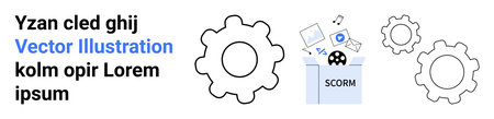 E-learning, SCORM packages, digital education, content organization, knowledge sharing, online training. Gears, file icons and SCORM box. E-learning and SCORM packages conceptのイラスト素材