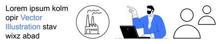 Business, teamwork, technology, industrial growth, decision-making, collaboration. A professional pointing at a chart, factory icon and team symbols. Business and teamwork conceptsのイラスト素材