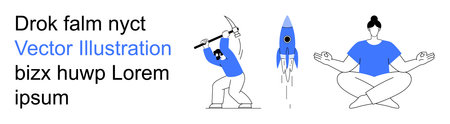 Creativity, productivity, innovation, mindfulness, balance, exploration. A person mining, a rocket...