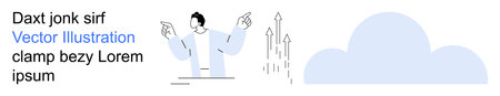 Business strategy, data analytics, cloud integration, professional growth, innovation, technology. Person gesturing at upward-pointing arrows and a cloud graphic. Business strategy and data analyticsのイラスト素材