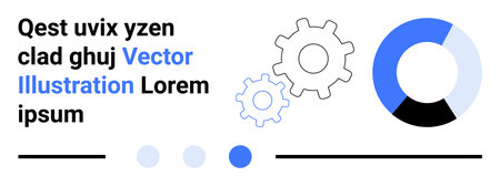 Gear icons, pie chart in blue and black, abstract text layout, circular elements. Ideal for...