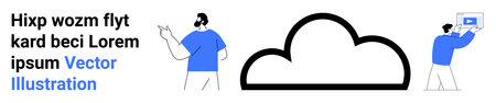 Cloud figure at the center flanked by a man pointing and another holding a laptop. Ideal for technology, cloud storage, teamwork, remote work, productivity, innovation, simple landing pageのイラスト素材