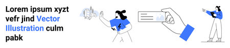 Woman pointing to virtual interface, scanning a card with a hand, and viewing floating objects....
