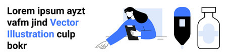 Healthcare, medical equipment, patient care, IV therapy, hospital procedures, nurse task tracking. Woman holding a clipboard pointing, IV bag and medicine bottle. Healthcare and medical equipmentのイラスト素材