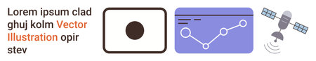 Business analytics, space communication, technology advancements, global reach, data tracking, charting tools. Minimalistic icons graphs, satellites and screens. Business analytics and spaceのイラスト素材