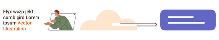 Digital communication, cloud technology, user interface, online interaction, data sharing, messaging. Person interacting online inside a browser frame, cloud and connection symbols. Digitalのイラスト素材
