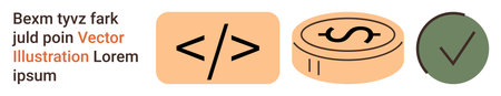 Web development, online transactions, data security, coding, financial systems, digital authentication. Coding symbol, dollar coin checkmark in a clean design. Web development and onlineのイラスト素材