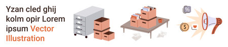 E-commerce, logistics, warehouse management, online sales, inventory organization, delivery services. Boxes on a table and shelf with icons. E-commerce and logistics conceptのイラスト素材