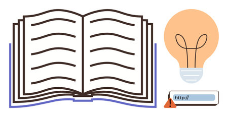 Open book symbolizing knowledge, light bulb representing ideas, and web link with warning signaling online caution. Ideal for education, creativity, innovation, research, caution, learning simpleのイラスト素材