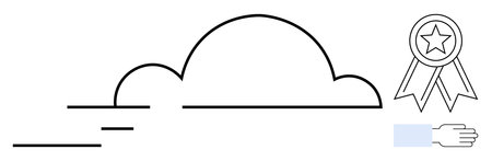 Cloud computing, achievement recognition, service delivery, teamwork, reward systems, digital transformation. Line art of a cloud, ribbon badge and extended hand. Cloud computing and achievementのイラスト素材