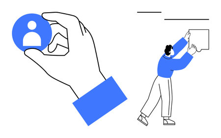 User identity concept. User identity ed by a hand holding a profile icon and a figure adjusting elements. User identity visualization for digital profiles, teamwork, and collaboration softwareのイラスト素材