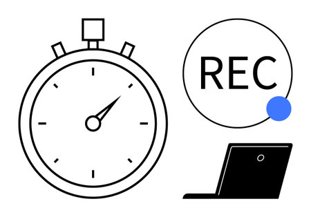 Productivity, time management, digital tools, online sessions, scheduling, task tracking. Stopwatch next to a recording sign and a laptop icon. Productivity and time management conceptのイラスト素材