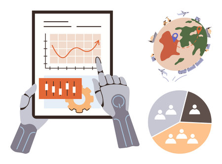 Robotic hands interact with a data tablet displaying charts, with globe showing global travel trends and collaborative pie chart. Ideal for technology, AI, analytics, global business, teamworkのイラスト素材