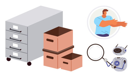 Office filing cabinet and cardboard boxes for organizing. Robot and magnifying glass for automation and analysis. Ideal for efficiency, technology, data management, search, organization, teamworkのイラスト素材