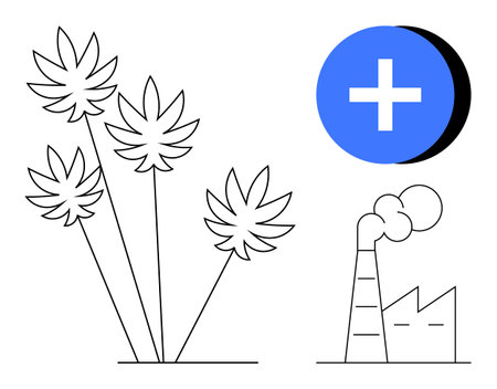 Environmental concept. Cannabis plants, factory with emissions, and blue medical symbol ed as key elements. Environmental issues, industrial pollution, and eco-solutions. For healthcareのイラスト素材
