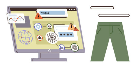Computer screen displaying security alerts, login forms, suspicious activities, global connection, and warning signs. Ideal for cybersecurity, data breach, privacy, internet risks online fraudのイラスト素材