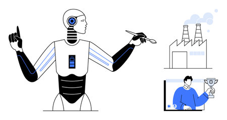 Robotic figure holding tools for analysis, factory buildings with chimneys emitting smoke, and a video call screen showing a person holding a trophy. Ideal for AI technology, automation, industryのイラスト素材