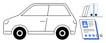 Compact car alongside resume document and office files, emphasizing job assessment, career opportunities, or hiring practices in automotive sectors. Ideal for recruitment, evaluation, careerのイラスト素材