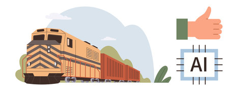 Freight train moving on tracks, thumbs-up gesture, AI processor chip. Ideal for technology, transport, automation, AI progress, approval efficiency and innovation themes. Simple flat metaphorのイラスト素材
