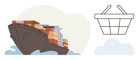 Cargo ship with shipping containers on ocean waves next to a shopping basket. Ideal for trade, commerce, logistics, global economy, importexport, transportation, consumption. Simple flat metaphorのイラスト素材