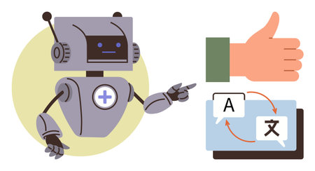 Robot pointing to translation process on a monitor with language icons, a thumbs-up signifying...