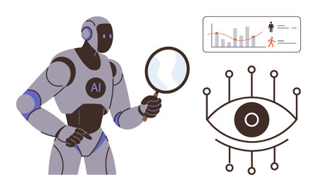 AI robot examining data with magnifying glass, eye interface, and analytics graph. Ideal for artificial intelligence, automation, data analysis, technology, cybersecurity, innovation digitalのイラスト素材