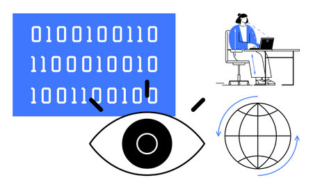 Surveillance concept. Surveillance in digital systems with eye icon, binary code, and a global...