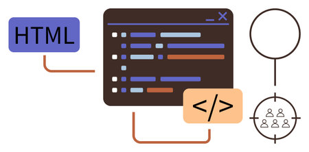 HTML, code editor with syntax lines, coding tags, and target audience symbol. Ideal for web design, development, programming, coding learning, software user-centric design simple flat metaphorのイラスト素材
