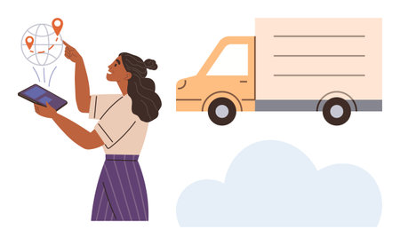 Woman using tablet with digital map and location pins, delivery truck and cloud illustrating logistics, transportation, and technology. Ideal for delivery, e-commerce, shipping, technology, globalのイラスト素材