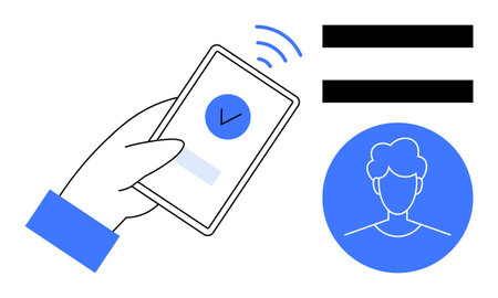 Hand holding phone with checkmark, profile icon, and equality sign denoting verification, access, or...