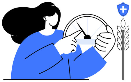 Health monitoring, nutrition balance, food quality, wellness, diet management, safety. Woman pointing at a gauge with a wheat icon and shield. Health monitoring and nutrition balance conceptのイラスト素材