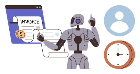 Robot managing digital invoice, dollar coin, user avatar, clock. Ideal for automation, AI technology, accounting, time management efficiency finance digital transformation. Simple flat metaphorのイラスト素材
