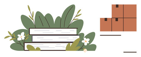 Books arranged with sprouting plants and flowers, accompanied by stacked boxes. Ideal for education, storage, nature, logistics, literature, balance and eco-friendly themes. Simple flat metaphorのイラスト素材